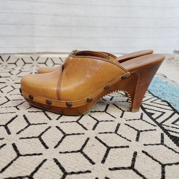 Cole Haan Shoes - COLE HAAN KENNA LEATHER CAMEL COLORED HEELED CLOGS, SZ 7